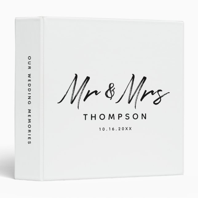 Classeur M. & Mme Moderne Noir Blanc Script Mariage Album (Devant/Côté)