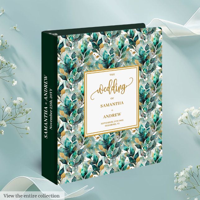 Classeur Magnifique Emerald Gold Greenery Album de mariage (Beautiful Emerald Gold Greenery Wedding Album 3 ring binder)