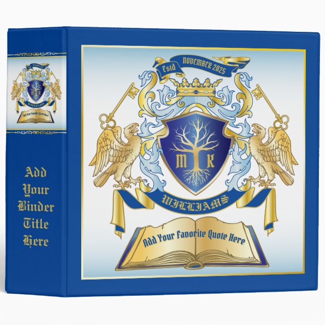 Classeur Make Your Own Emblem Tree Book Key Crown Gold Blue (Devant/Côté)