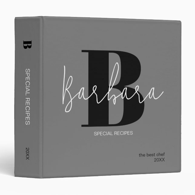 Classeur Maman Recettes Gris Moderne Monogramme Noir (Devant/Côté)