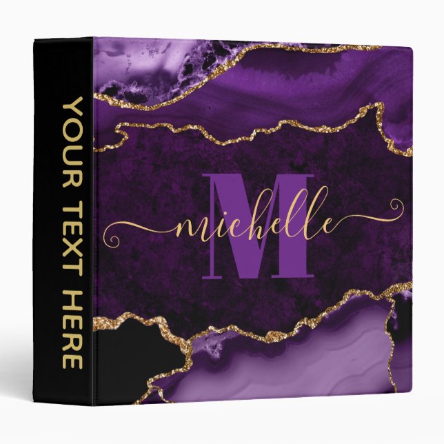 Classeur Marbre Agate Monogramme Pailleté Or et Violet (Devant/Côté)