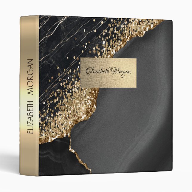 Classeur Marbre de granit en pierre noire Cool, sequins dor (Devant/Côté)