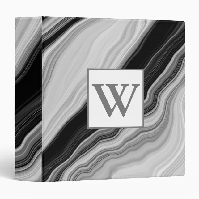 Classeur Marbre de Monogramme personnalisé noir et blanc (Devant/Côté)