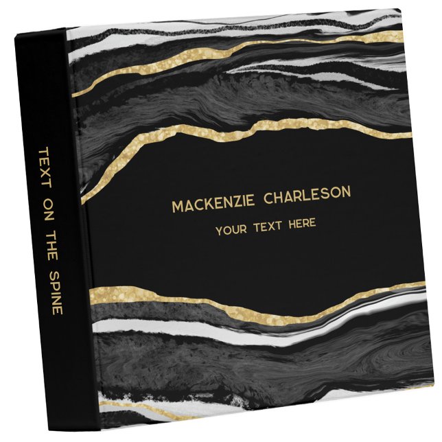 Classeur Marbre Noir Agate Géode Paillettes Dorées Affaires (Black marble agate geode gold effect modern business 3 ring binder)