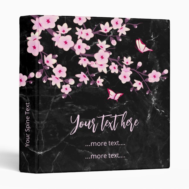 Classeur Marbre noir rose cerisier personnalisé (Devant/Côté)