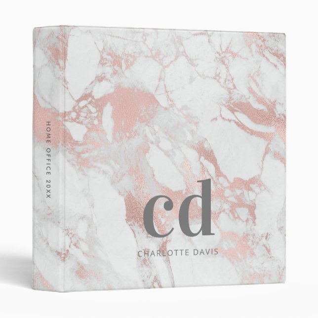 Classeur Marbre or rose blanc monogramme initiales (Devant/Côté)