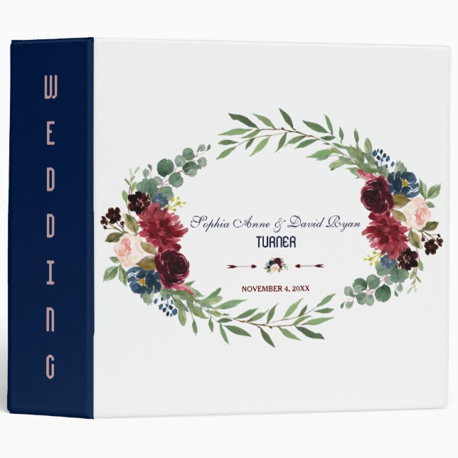 Classeur Mariage à fleurs florales bleu de la marine Merlot (Devant/Côté)