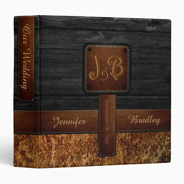 Classeur Mariage cuir look bois noir (Devant/Côté)