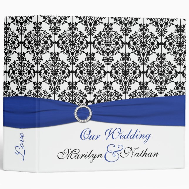 classeur Mariage damassé 2" bleu, blanc et noir (Devant/Côté)