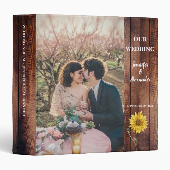 Classeur Mariage de tournesol en bois rustique (Devant/Côté)