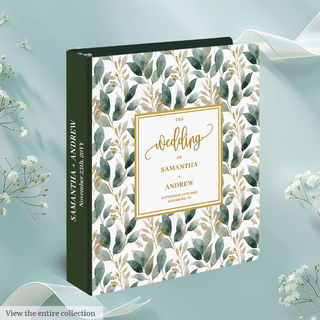 Classeur Mariage d'Eucalyptus vert Boho Sage raffiné (Refined Boho Sage Green Gold Eucalyptus Wedding 3 ring binder)