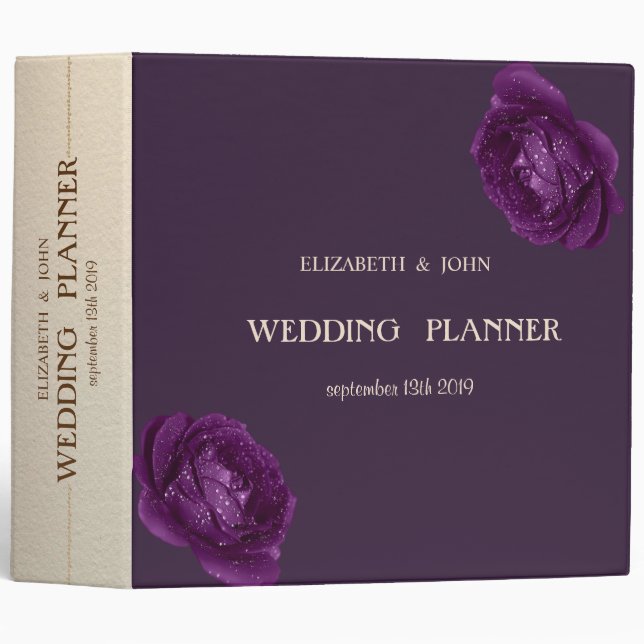 Classeur Mariage Élégant aux Roses Violettes Chic (Devant/Côté)