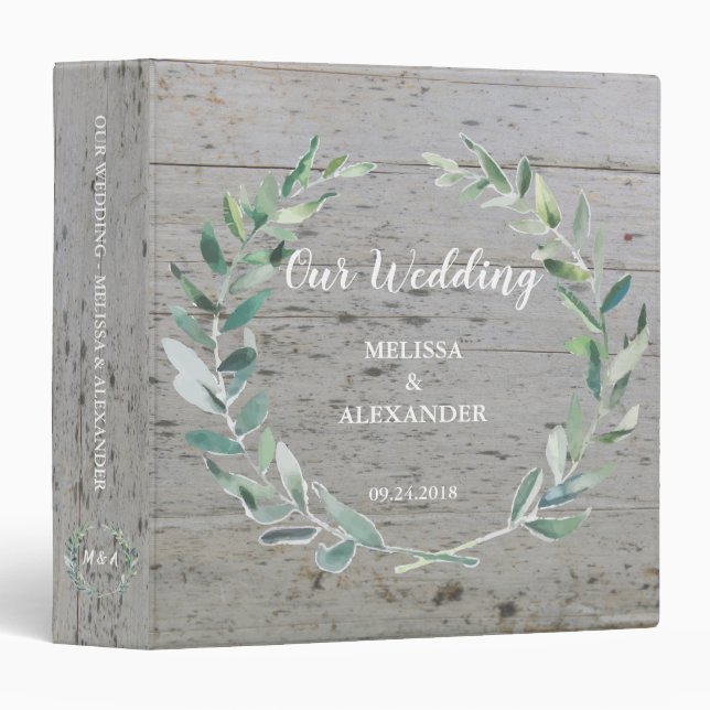 Classeur Mariage en bois rustique de feuille botanique (Devant/Côté)
