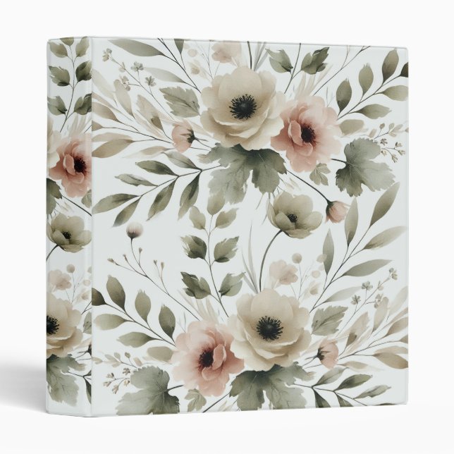 Classeur Mariage Floral Aquarelle Vert Olive Kaki (Devant/Côté)