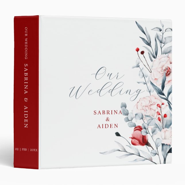 Classeur Mariage Floral Fleur Rouge Et Bleu (Devant/Côté)
