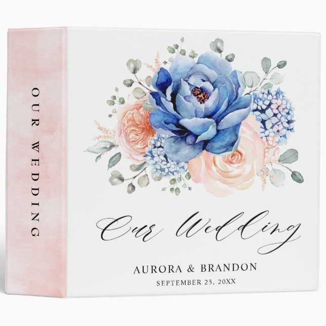 Classeur Mariage floral rose bleu marine (Devant/Côté)