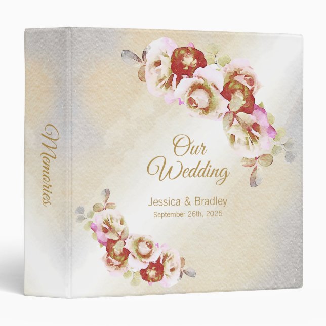 Classeur Mariage floral rustique or et argent (Devant/Côté)