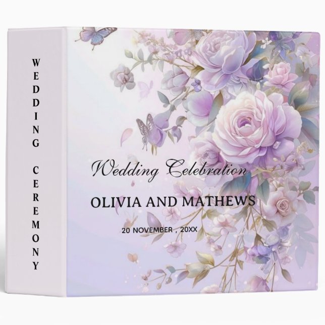 Classeur Mariage Floral Violet Fête Époux Personnalisé (Devant/Côté)