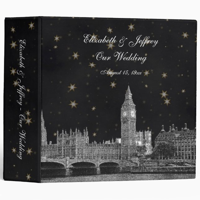 Classeur Mariage London Skyline Black Gold Star (Devant/Côté)