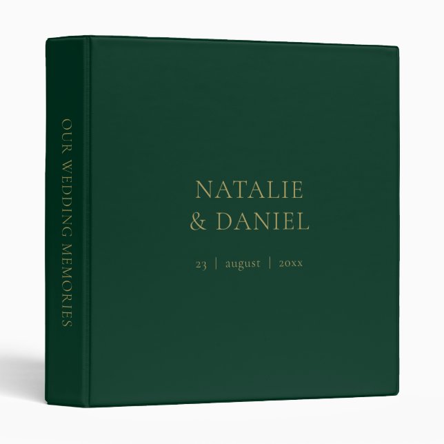 Classeur Mariage moderne Forest Green & Gold Chic (Devant/Côté)