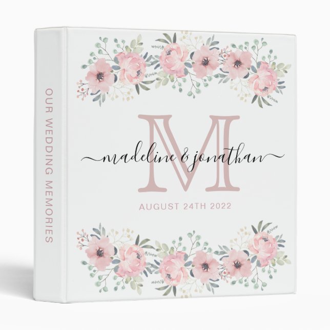 Classeur Mariage Monogramme rose floral élégant moderne (Devant/Côté)