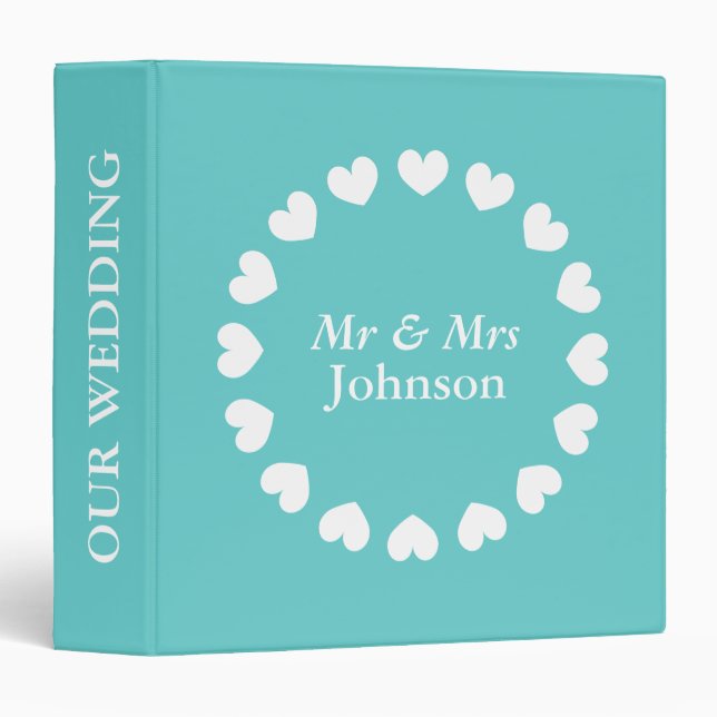 Classeur mariage personnalisé | Turquoise et blanc (Devant/Côté)