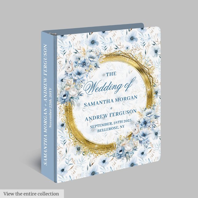 Classeur Mariage Poussiéreux Élégant Bleu Floral Paillettes (Elegant Dusty Blue Floral Gold Glitter Wedding 3 Ring Binder)