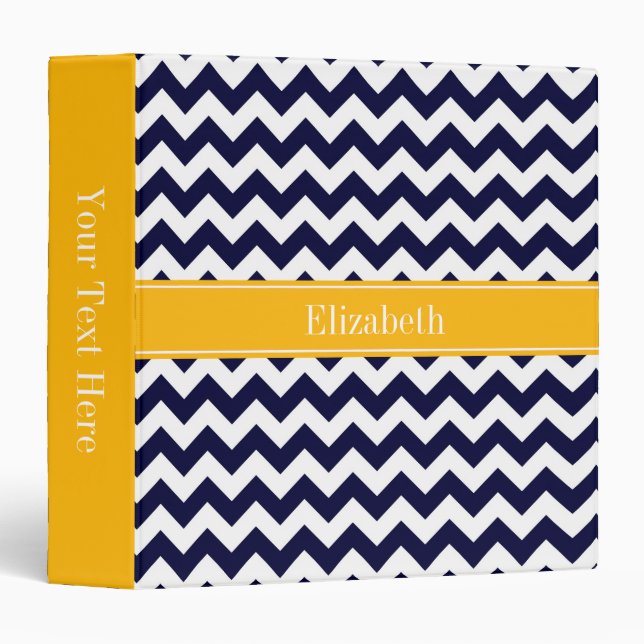 Classeur Marine Blanc Chevron ZigZag Goldenrod Nom Monogram (Devant/Côté)