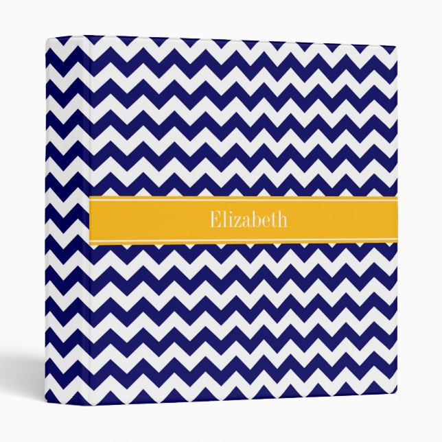 Classeur Marine Blanc Chevron ZigZag Goldenrod Nom Monogram (Devant/Côté)
