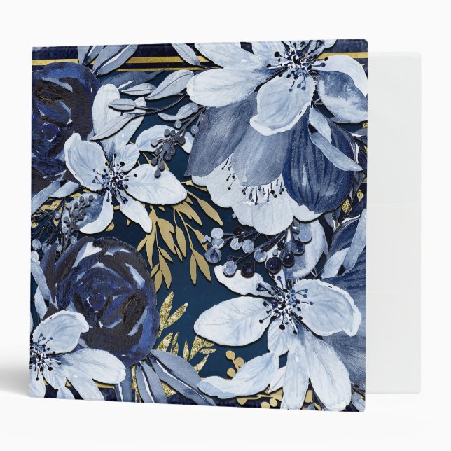 Classeur Marine Bleu & Or Elégant Aquarelle Moderne Floral (Devant/intérieur)