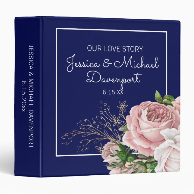 Classeur Marine Bleu rose rose Roses Mariage marié Couple (Devant/Côté)
