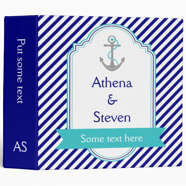 Classeur Marine bleu, wedding planner nautique à ancre aqua (Devant/Côté)