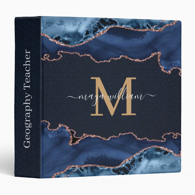 Classeur Marine Blue Gold Agate Géode Monogramme Nom du scr (Devant/Côté)