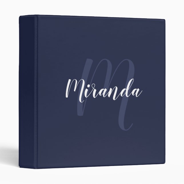 Classeur Marine Blue Modern Script Monogramme et nom (Devant/Côté)
