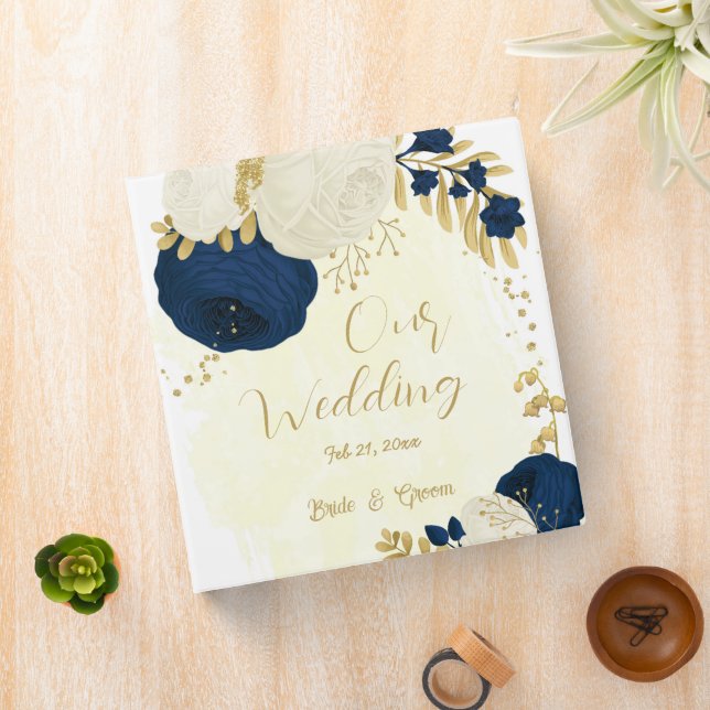 Classeur marine & fleurs blanches or mariage photo album (In Situ)