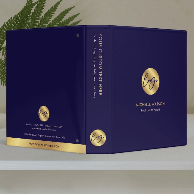 Classeur Marine & Gold Logo Entreprise Marque (Navy blue and gold branded ring binder with your logo and contact details)
