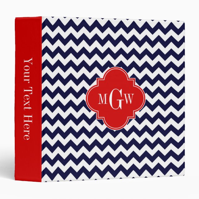 Classeur Marine White Chevron Red Quatrefoil 3 Monogramme (Devant/Côté)