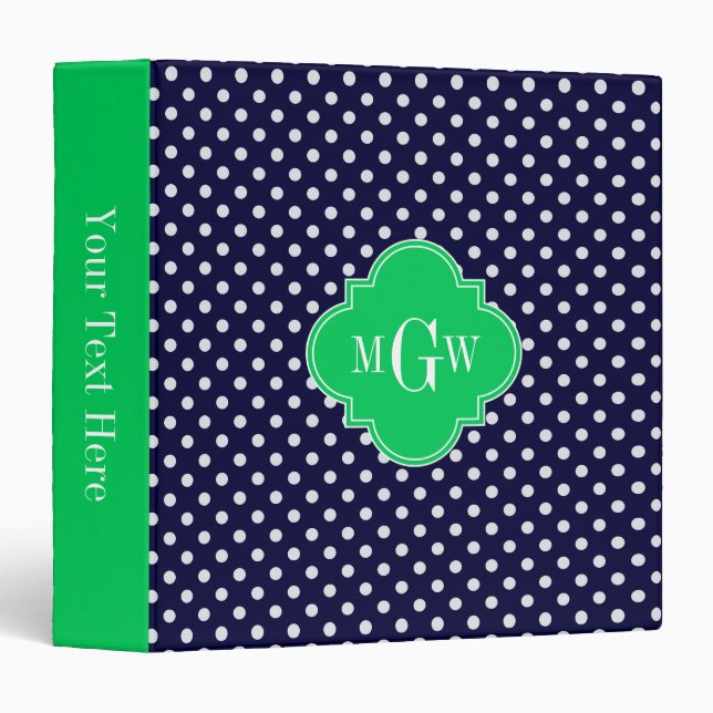 Classeur Marine White Polka Dot Emerald Quatrefoil 3 Monogr (Devant/Côté)