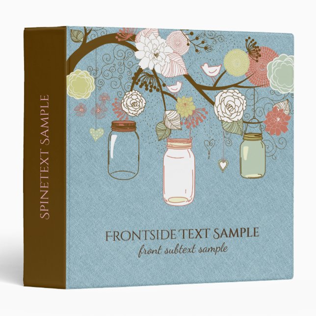 Classeur Mason Jar & Fleurs Rétro Lin Bleu (Devant/Côté)