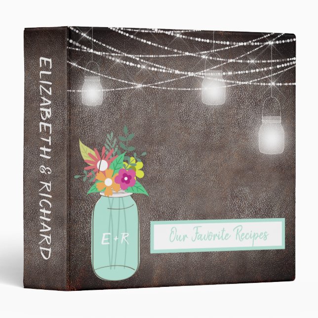 Classeur Mason Jar Mariage Rustique Cuir Recettes favorites (Devant/Côté)