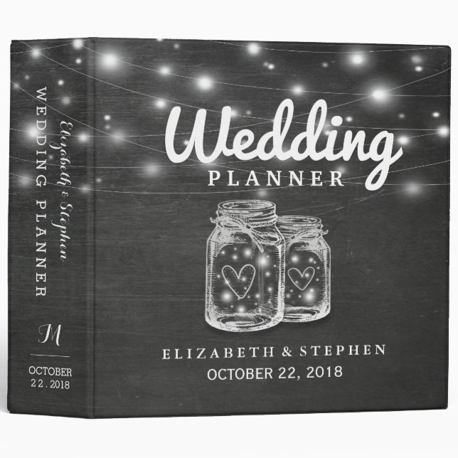 Classeur Mason Jar String Lights Chalkboard Wedding planner (Devant/Côté)