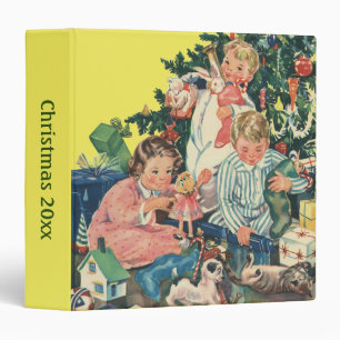 Classeur Matin de Noël vintage, enfants ouvrant des cadeaux