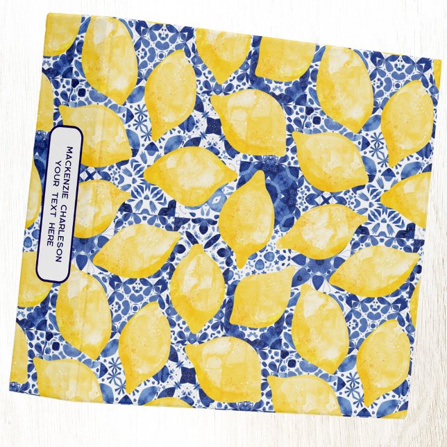 Classeur Mediterranean Citrus Lemon Blue Tile Watercolor (Mediterranean summer citrus lemon blue white tile pattern personalized custom name text ring binder)