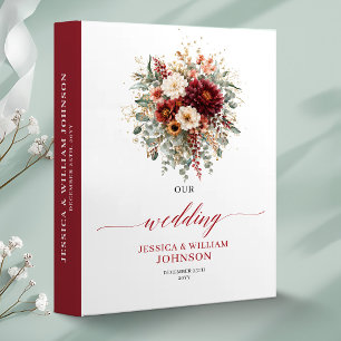 Classeur Mémoire de mariage automnal floral bordeaux or rou