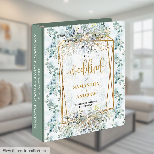 Classeur Mémoire Mariage de feuillage doré vert Dusty moder (Modern Dusty Green Gold Foliage Wedding Memory 3 ring binder)
