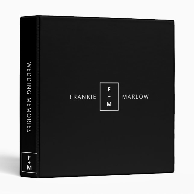 Classeur Mémoires mariages Monogramme Élégant Minimal Noir (Devant/Côté)