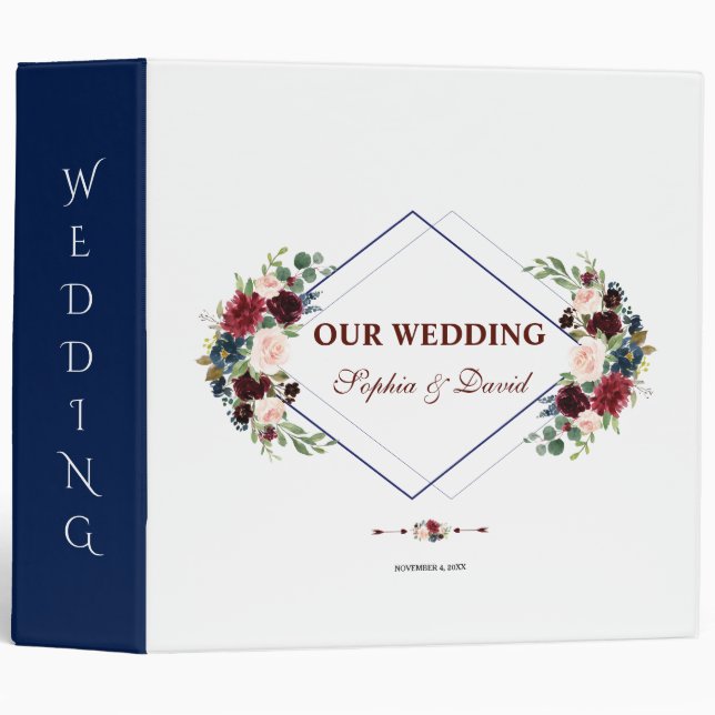 Classeur Merlot géométrique Marine Blue Floral Wedding Albu (Devant/Côté)