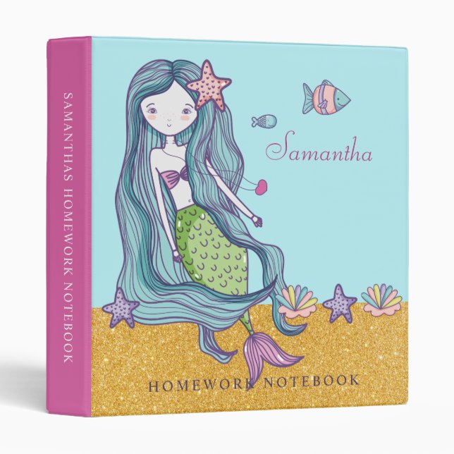 Classeur Mermaid Gold Sparkle School (Devant/Côté)