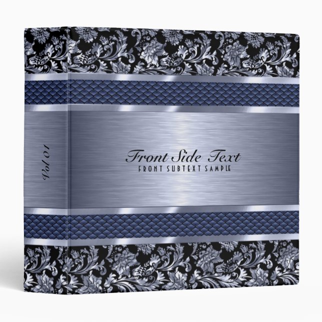Classeur Métallurgique Bleu Vintage Damas floraux (Devant/Côté)