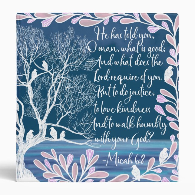 Classeur Micah 6:8 Turquoise Bleu Blanc Arbre Oiseaux Bible (Devant)